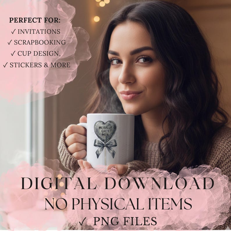 Puede incluir: Taza blanca con el texto "Morally Grey Men" y un dise&ntilde;o de piruleta en forma de coraz&oacute;n. La imagen tambi&eacute;n incluye el texto "Descarga digital" y "Archivos PNG".