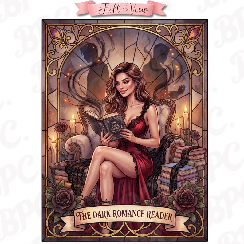 May include: Illustration of a woman in a red dress reading a book titled "The Dark Romance Reader." The image has a stained-glass window background with silhouettes and candles. A banner at the bottom reads "The Dark Romance Reader."