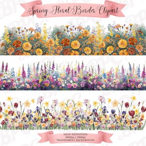 Può includere: Clipart di bordi floreali ad acquerello con tre design che presentano fiori vibranti nei toni del giallo, arancione, viola e rosso. Il testo "Spring Floral Border Clipart" è visualizzato su un banner rosa.