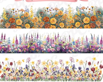 Akvarell vårblommig kant Clipart-paket | Cottagecore ringblommor, påskliljor, vildblommor och penséer | Sömlösa PNG-bilder