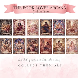 May include: A collection of illustrated cards with women reading, framed in a stained-glass style. The banner reads "THE BOOK LOVER ARCANA Collection." Text at the bottom says "build your reader identity COLLECT THEM ALL."