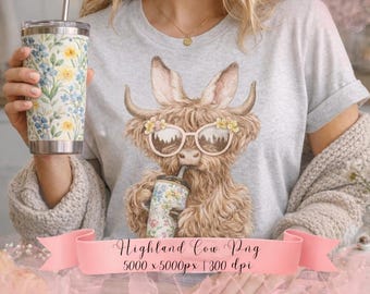 Highland Cow Clipart PNG, Cottagecore Farm Animal Design, Sublimeringsgrafik för iskaffe