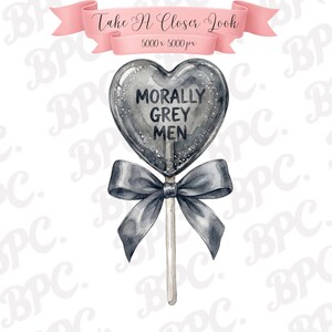 Digital bookish clipart for dark romance fans: A grey watercolor heart lollipop with 'Morally Grey Men' lettering, perfect for Kindle stickers and DIY bookish crafts.