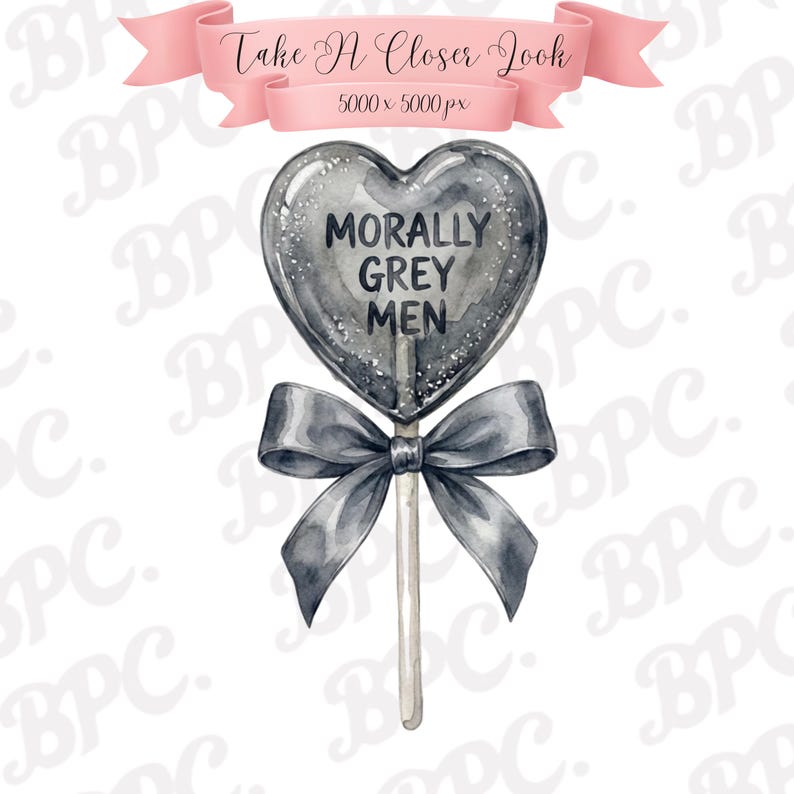 Digital bookish clipart for dark romance fans: A grey watercolor heart lollipop with 'Morally Grey Men' lettering, perfect for Kindle stickers and DIY bookish crafts.