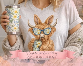 Höglandskon Clipart PNG | Blommiga glas, iskaffe (digital nedladdning)