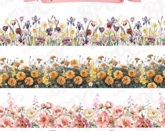 Akvarell vårblommig kantlinje | Pioner, påskliljor, irisar och ringblommor | Sömlösa PNG-blommor | Botanisk clipart