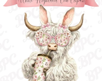 Vårlig höglandsko PNG | Rosa blommiga solglasögon ko clipart | Sublimeringsdesign för gårdsdjur
