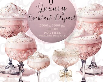 Akvarell rosa cocktail clipart, 6 högupplösta lyxiga PNG-bilder, bröllopsgrafik, elegant barmenykonst