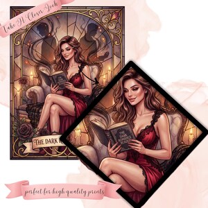 May include: Illustration of a woman in a red dress reading "The Dark Romance Reader" book, seated in a chair. The image has a stained-glass window background with candles and roses. The text "Take A Closer Look" and "perfect for high quality prints" are also visible.