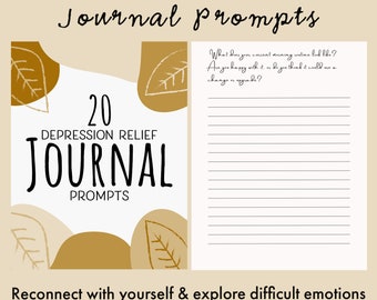 20 Depression Relief Journal Writing Prompts, Therapy, Downloadable Journal Pages, Deep Thought Prompts for Mindfulness, Printable Self Care