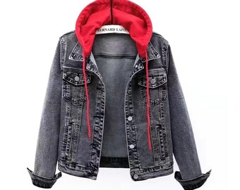 Red Hooded Denim Jacket Four Front Pockets Women's Slim - Etsy