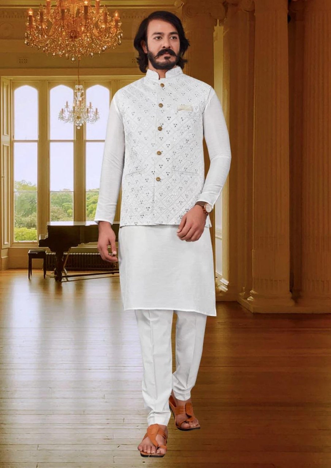 White Kurta Pyjama Set With Designer White Jacket koti and Pocket Square Etsy Canada