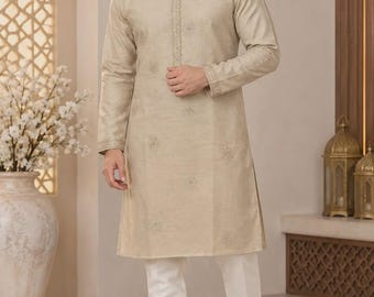 Beige Embroidered Kurta for Men