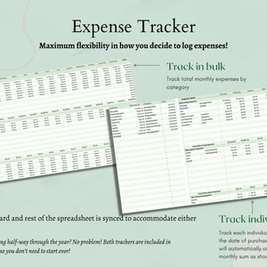 May include: A green and white spreadsheet with the title "Expense Tracker". The spreadsheet has two sections: "Track in bulk" and "Track individually". The "Track in bulk" section shows a table with columns for different expense categories and months of the year. The "Track individually" section shows a table with columns for the date of purchase, expense category, and amount.