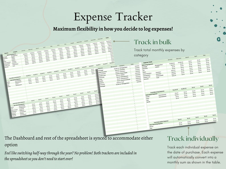 May include: A green and white spreadsheet with the title "Expense Tracker". The spreadsheet has two sections: "Track in bulk" and "Track individually". The "Track in bulk" section shows a table with columns for different expense categories and months of the year. The "Track individually" section shows a table with columns for the date of purchase, expense category, and amount.