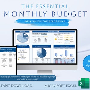 May include: A computer screen and tablet display a budget spreadsheet template with charts and graphs. The template is titled "The Essential Monthly Budget" and includes sections for income, expenses, and savings. The text "2024 Version" is displayed in a blue circle.