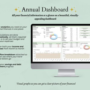 May include: A computer screen displaying a colorful dashboard with graphs and charts. The dashboard is titled "Annual Dashboard" and includes information about income, expenses, and cash flow. The text on the screen reads "All your financial information at a glance on a beautiful, visually-appealing dashboard."