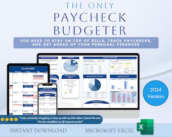 Excel Paycheck Budget Dashboard, Weekly and Biweekly Budget Spreadsheet, Paycheck Planner, Savings Tracker, Bills Calendar, Monthly Budget