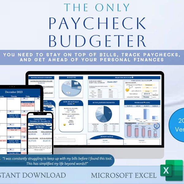 Excel Paycheck Budget Dashboard, Weekly and Biweekly Budget Spreadsheet, Paycheck Planner, Savings Tracker, Bills Calendar, Monthly Budget