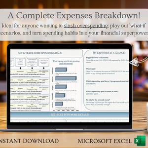 以下が含まれることがあります： 「A Complete Expenses Breakdown!」というタイトルと「Set & Track Some Spending Goals!」「My Expenses at a Glance!」というテキストが表示されたスプレッドシートが、ラップトップの画面に表示されています。このスプレッドシートは、ユーザーが支出を追跡し、財務目標を設定するのに役立つように設計されています。スプレッドシートはMicrosoft Excel形式です。