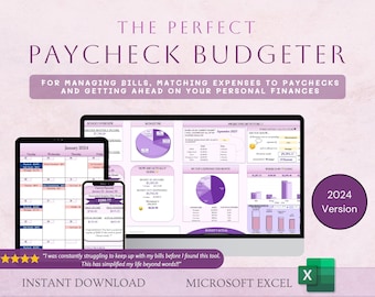 May include: A digital product for managing personal finances. The image shows a computer screen, tablet, and phone displaying a purple and white budget spreadsheet with charts and graphs. The text "The Perfect Paycheck Budgeter" is at the top of the image. The text "2024 Version" is in the lower right corner of the image.