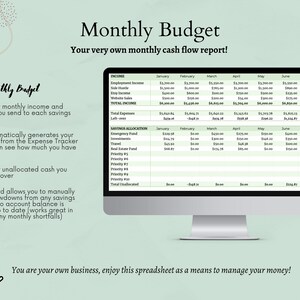 May include: A computer screen displaying a monthly budget spreadsheet with categories for income, expenses, and savings allocation. The spreadsheet includes columns for each month of the year, January through July. The text "Monthly Budget" is displayed at the top of the screen.