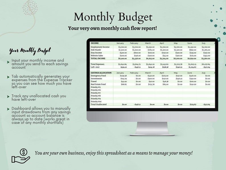 May include: A computer screen displaying a monthly budget spreadsheet with categories for income, expenses, and savings allocation. The spreadsheet includes columns for each month of the year, January through July. The text "Monthly Budget" is displayed at the top of the screen.