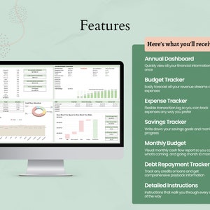 May include: A computer screen displaying a financial dashboard with various charts and graphs. The dashboard includes sections for expenses, income, cash flow allocation, and savings. The text on the screen reads "Annual Dashboard", "Budget Tracker", "Expense Tracker", "Savings Tracker", "Monthly Budget", "Debt Repayment Tracker", and "Detailed Instructions".