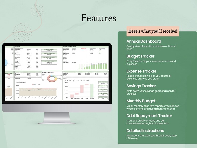 May include: A computer screen displaying a financial dashboard with various charts and graphs. The dashboard includes sections for expenses, income, cash flow allocation, and savings. The text on the screen reads "Annual Dashboard", "Budget Tracker", "Expense Tracker", "Savings Tracker", "Monthly Budget", "Debt Repayment Tracker", and "Detailed Instructions".