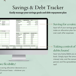 May include: A computer screen displaying a spreadsheet with the title "Savings & Debt Tracker". The spreadsheet is divided into sections for savings goals, debt repayment, and monthly allocation. The text "Saving for a rainy day!" and "Taking control of any debts/loans!" is also visible on the screen.