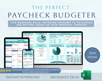Excel Paycheck Planner and Budget Dashboard, Weekly and Biweekly Budget Spreadsheet, Paycheck Tracker, Savings Tracker, Bills Tracker