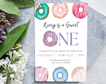 Donut-Geburtstags-Party Einladung || 1.Geburtstags-Party || Geburtstagseinladungskarte || Bearbeitbare rosa Geburtstagseinladung