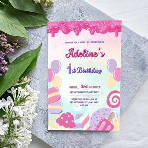 Cute Pastel Candy Birthday Invitation Card || Pastel Girls 1st Birthday Party || Birthday Invitation Card || Editable Pink Birthday Invite