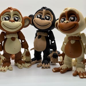 28. Poseable Monkey Figurine, 3D Printed Articulated Toy, Hook Hands & Flexible Tail, Black Brown Beige, Fun Jungle Animal by Flexi Factory