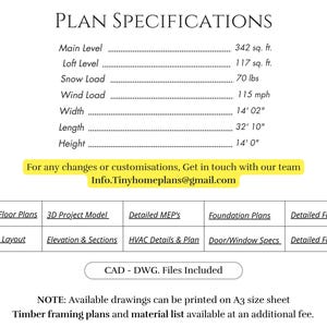May include: Plan specifications document with measurements in feet and inches. Includes main level and loft square footage, snow and wind load, width, length, and height. Contact info.tinyhomeplans@gmail.com for customizations. CAD-DWG files included.