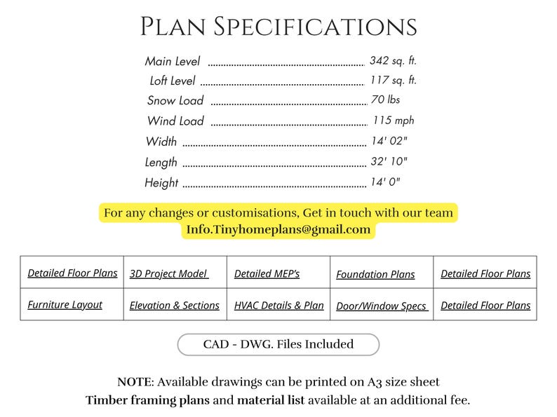 May include: Plan specifications document with measurements in feet and inches. Includes main level and loft square footage, snow and wind load, width, length, and height. Contact info.tinyhomeplans@gmail.com for customizations. CAD-DWG files included.