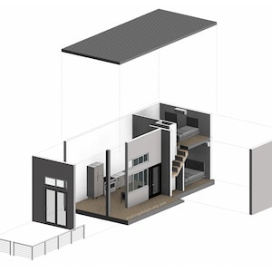 May include: An architectural illustration of a modern tiny house with an open floor plan. The house features a kitchen, living area, and a lofted bedroom accessible by stairs. The exterior has a dark gray roof and siding, with a small deck.