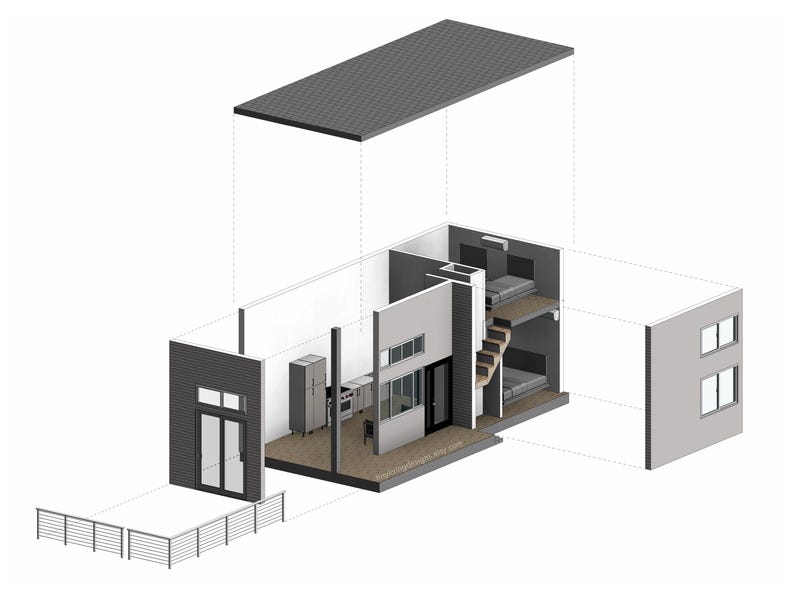 May include: An architectural illustration of a modern tiny house with an open floor plan. The house features a kitchen, living area, and a lofted bedroom accessible by stairs. The exterior has a dark gray roof and siding, with a small deck.