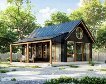 May include: A modern black cabin with a blue metal roof, wooden trim, and large glass windows. The cabin has a porch with seating and is surrounded by trees and a gravel yard. A round window is visible.