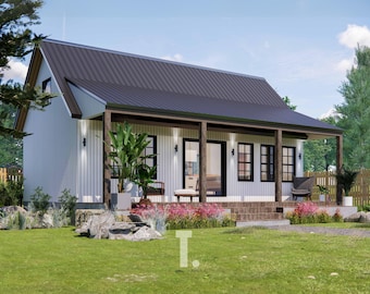 May include: A modern farmhouse-style house with a dark gray metal roof and white siding. The house has a covered porch with wooden beams and a brick staircase. Landscaping includes green grass, pink flowers, and a wooden fence.