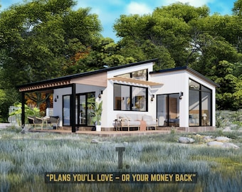 25x34 Cabin Floor Plans | Tiny House Floor Plans | 1 Bed Tiny Home Plans | Small House Plans | Full Set Architectural Plans - PDF & CAD
