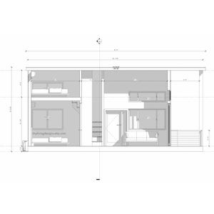 May include: Architectural blueprint of a modern house, rendered in black and white. The design features multiple levels, windows, and a balcony. The image includes dimensions and the website address mylivingdesigns.etsy.com.
