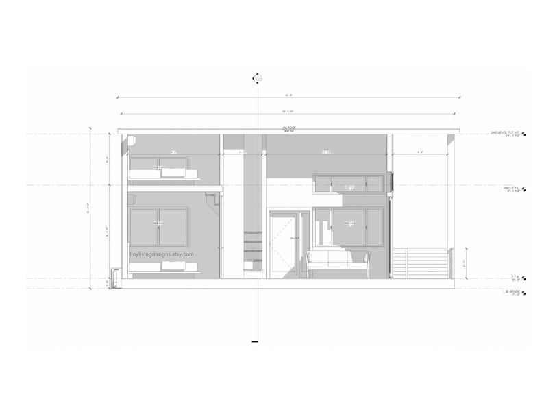 May include: Architectural blueprint of a modern house, rendered in black and white. The design features multiple levels, windows, and a balcony. The image includes dimensions and the website address mylivingdesigns.etsy.com.