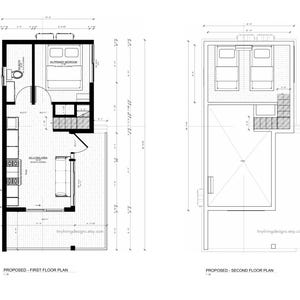 May include: Two architectural floor plans, labeled "Proposed - First Floor Plan" and "Proposed - Second Floor Plan." The first floor plan shows a living area, kitchen, bathroom, and bedroom. The second floor plan shows a bedroom and storage area.