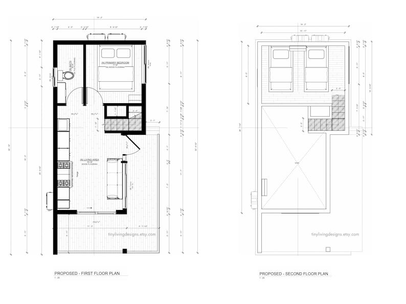 May include: Two architectural floor plans, labeled "Proposed - First Floor Plan" and "Proposed - Second Floor Plan." The first floor plan shows a living area, kitchen, bathroom, and bedroom. The second floor plan shows a bedroom and storage area.