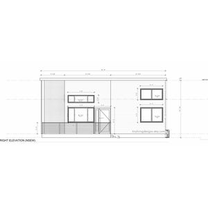 May include: Architectural drawing of a modern house elevation, rendered in black and white. The design features large windows, a deck, and a minimalist aesthetic. Text includes "Proposed - Right Elevation (NSEW)" and a website address.