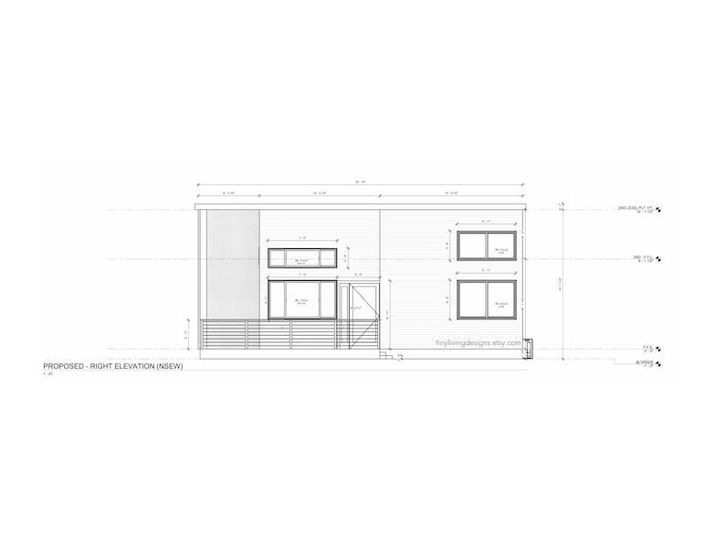 May include: Architectural drawing of a modern house elevation, rendered in black and white. The design features large windows, a deck, and a minimalist aesthetic. Text includes "Proposed - Right Elevation (NSEW)" and a website address.