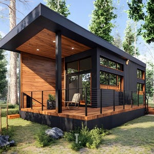 Puede incluir: Cabaña negra moderna con terraza y detalles en madera. La cabaña presenta grandes ventanales, un tejado plano y un pequeño porche con una silla. El exterior está rodeado de árboles y vegetación, creando un entorno natural. La cabaña es un diseño arquitectónico contemporáneo.