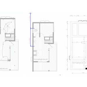 May include: Three architectural floor plan drawings in black and white. The plans depict layouts with rooms, furniture outlines, and dimensions. The text "tinylivingdesigns.etsy.com" is visible on the drawings.