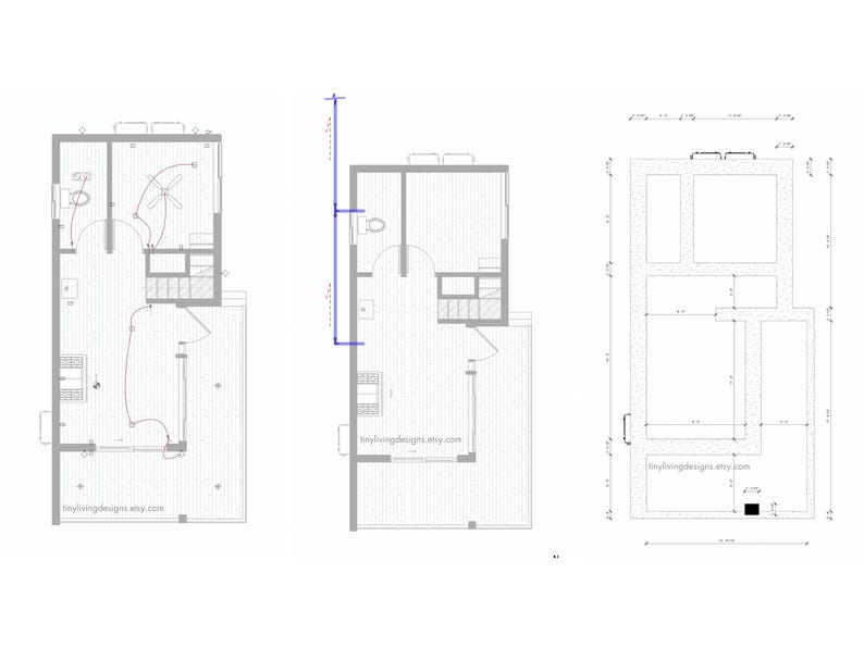 May include: Three architectural floor plan drawings in black and white. The plans depict layouts with rooms, furniture outlines, and dimensions. The text "tinylivingdesigns.etsy.com" is visible on the drawings.